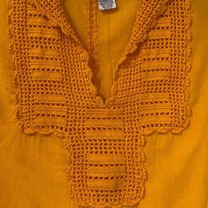 Beautiful Sun Colored Bohemian Top w Crochet Neck & Collar Accent, Small